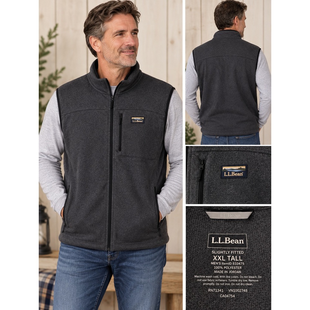 L.L.Bean Men's XXL Tall Fleece Vest Charcoal Gray Slightly Fitted Full Zip